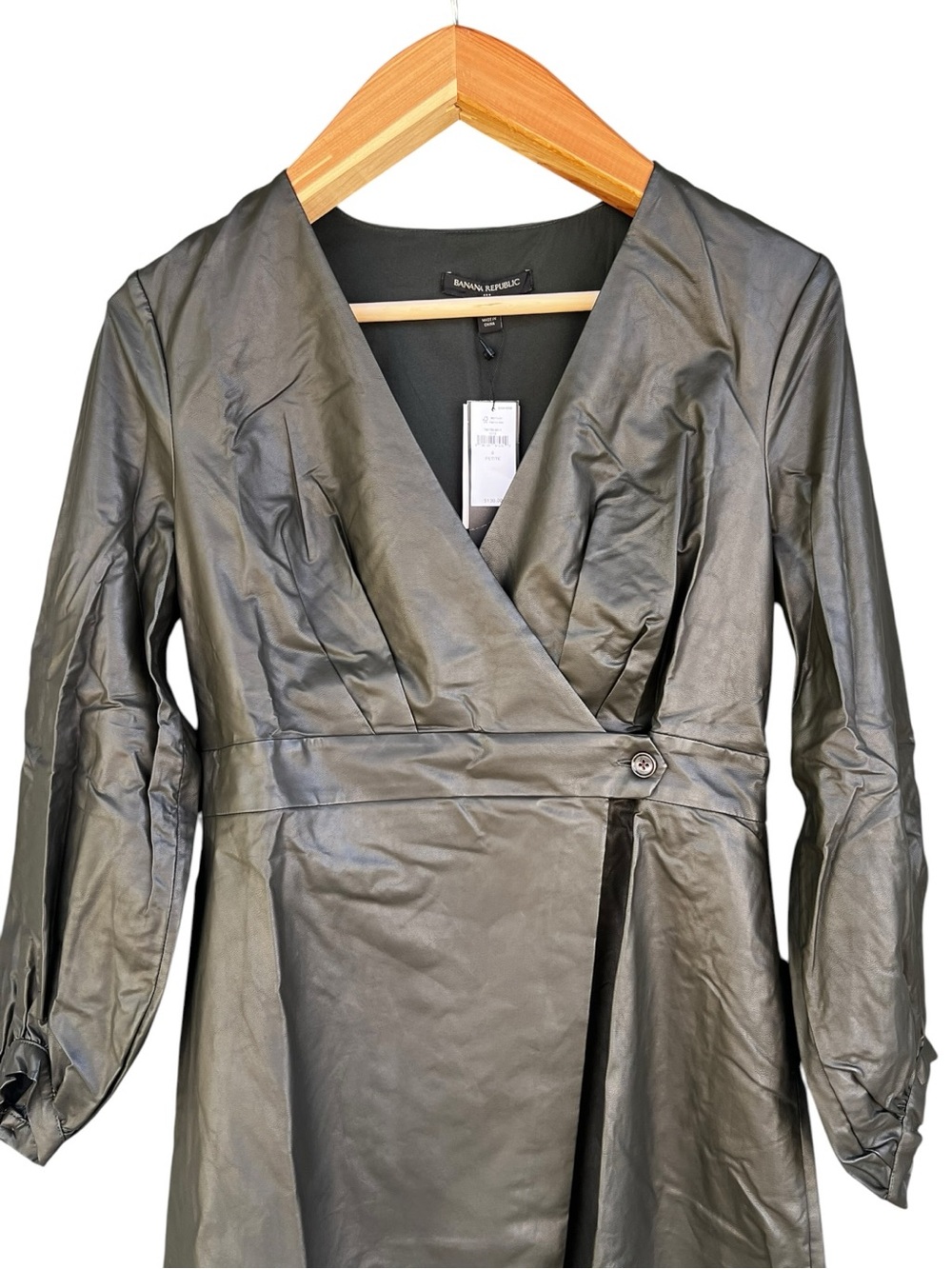Banana Republic Olive Green Vegan Leather Wrap Dress Sz 8P NWT Faux Leather - Picture 3 of 9
